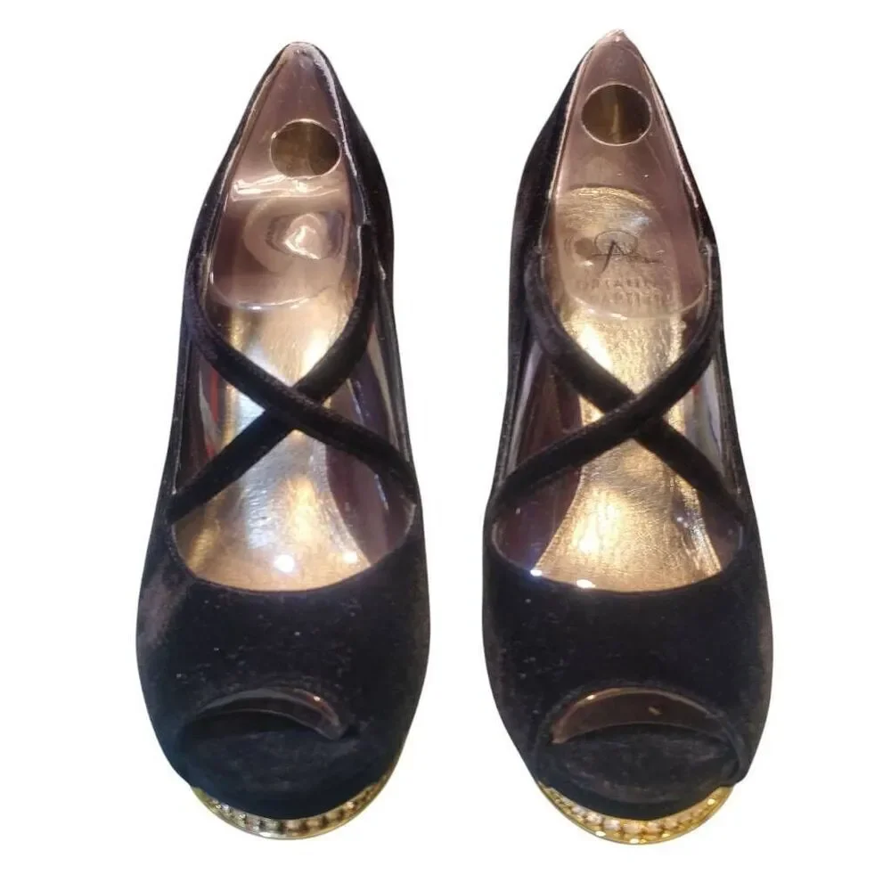 Adrianna Papell Women's Embellished Black Velvet Platform Leather Sole Heel Stil